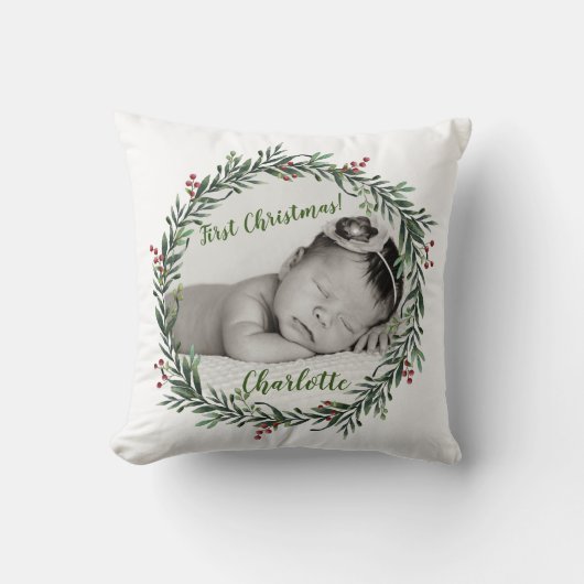 初めてのクリスマス、ベビー写真、名前 クッション (正面)