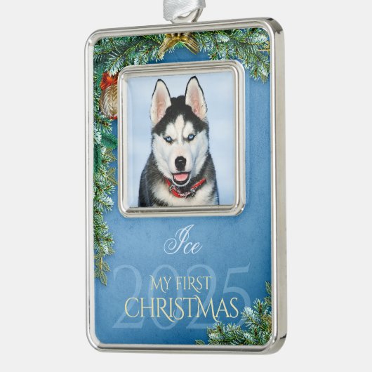 初めてのクリスマス ペット写真 記念品、青空の装飾 - シルバープレートフレームオーナメント (左)