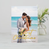 初めてのクリスマス ミニマルな台本タイポグラフィーの写真 箔シーズンカード (立ち正面)