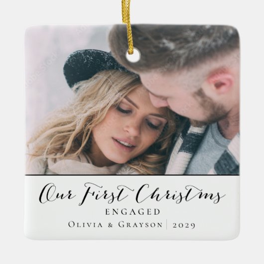 初めてのクリスマス 婚約した | Two Photo Christmas セラミックオーナメント (正面)