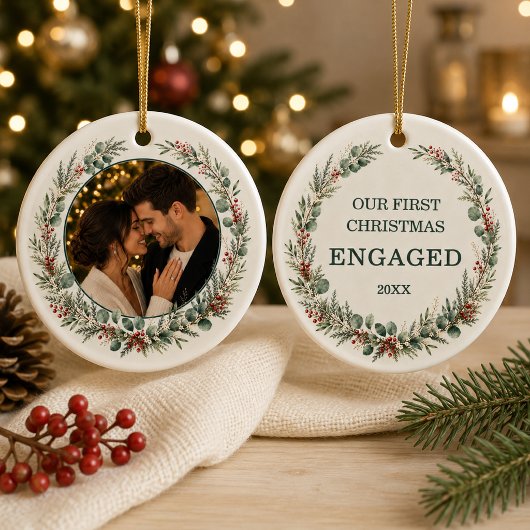 初めてのクリスマス 婚約記念のフォト セラミックオーナメント