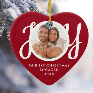 初めてのクリスマス 婚約記念フォト 赤いハート型 セラミックオーナメント