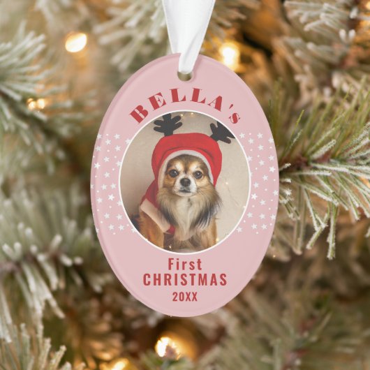 初めてのクリスマス 愛犬の星とピンクの写真 オーナメント (ツリー)