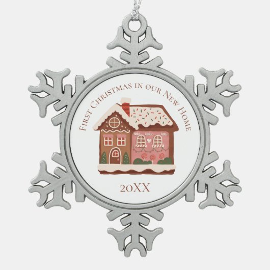 初めてのクリスマス 我が家の新しい家 ジンジャーブレッドハウス スノーフレークピューターオーナメント (正面)