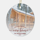 初めてのクリスマス 新しい家 カスタム写真 赤いスクリプト セラミックオーナメント (左)