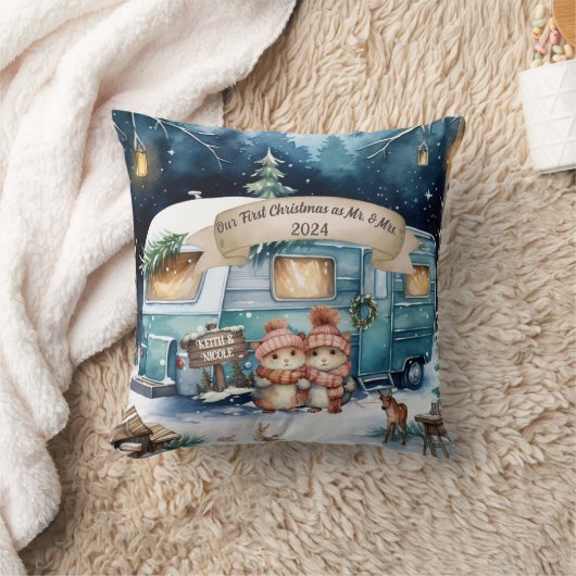 初めてのクリスマス　新婚カップル　ニューウェディングオーナメント クッション (ブランケット)
