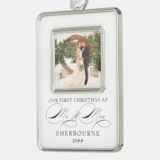初めてのクリスマス：書道夫妻の写真 シルバープレートフレームオーナメント (左)
