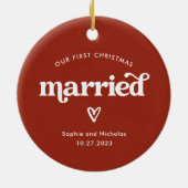 初めてのクリスマス 結婚した |赤と白ハート セラミックオーナメント (裏面)