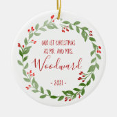 初めてのクリスマス 結婚記念写真リース 赤い文字 セラミックオーナメント (正面)