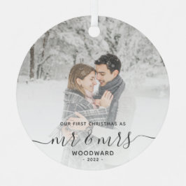 初めてのクリスマス 結婚記念 カスタム写真 グレー スクリプト メタルオーナメント