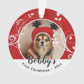 初めてのクリスマス 葉っぱ 犬の名前 写真 赤 オーナメント (正面)
