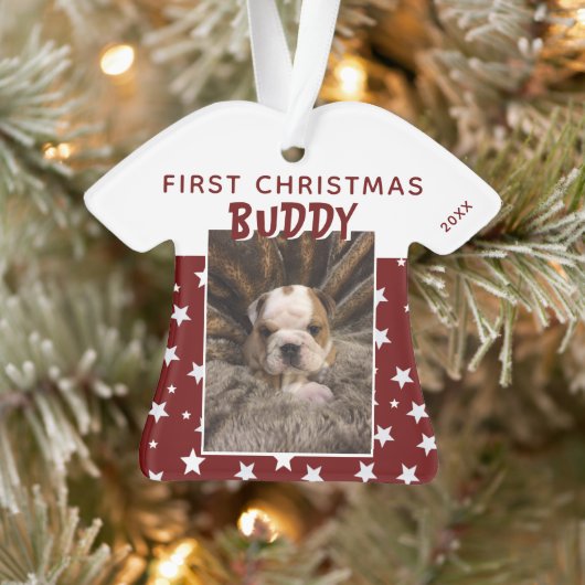 初めてのクリスマス 赤い星柄 子犬 写真 オーナメント (ツリー)