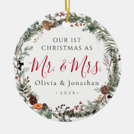 初めてのクリスマス Mr. & Mrs. グリーナリー リース 写真 セラミックオーナメント