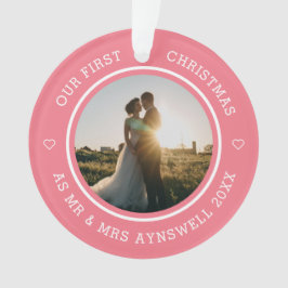 初めてのクリスマス Mr & Mrs 2枚の写真 モダンピンク オーナメント
