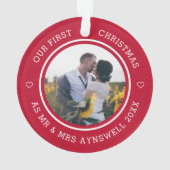 初めてのクリスマス Mr & Mrs 2 写真 モダン レッド オーナメント (裏面)