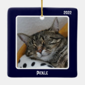 初めてのクリスマスAs Catパパ2 Cat Photo Navy Blue セラミックオーナメント (裏面)