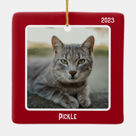 初めてのクリスマスAs Catパパ2 Photo モダン Red セラミックオーナメント (裏面)