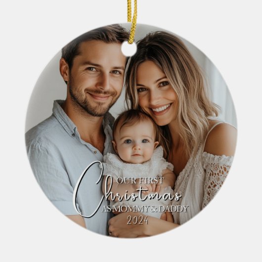 初めてのクリスマスAs Mommy And Daddyフォトカスタムページ セラミックオーナメント (正面)