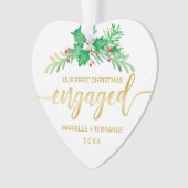 初めてのクリスマスHolly婚約した金ゴールドスクリプトの写真 オーナメント (正面)