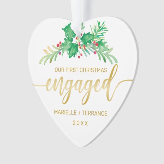 初めてのクリスマスHolly婚約した金ゴールドスクリプトの写真 オーナメント (正面)