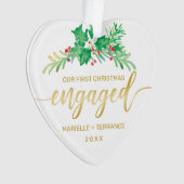 初めてのクリスマスHolly婚約した金ゴールドスクリプトの写真 オーナメント (正面)