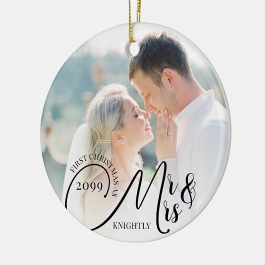 初めてのクリスマスMr.Mr.Mrs.2フォト白黒 セラミックオーナメント (左)