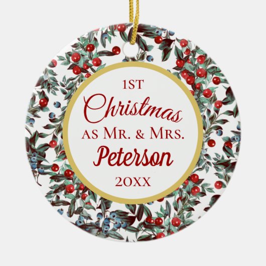 初めてのクリスマスMr.Mrs.レッド・ブルー・ベリー・セラミ セラミックオーナメント (正面)