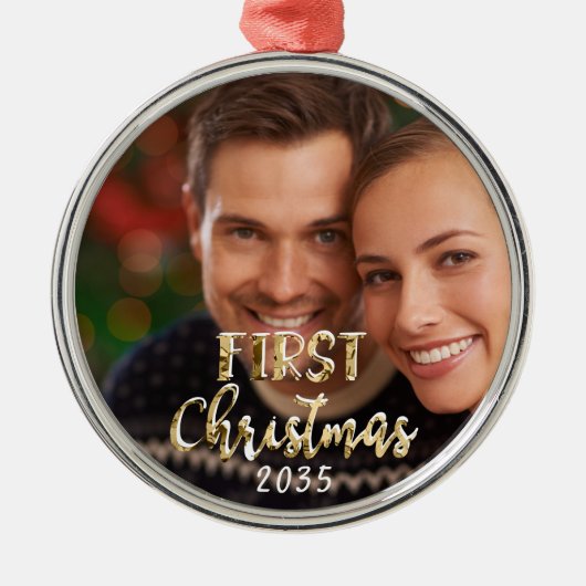 初めてのクリスマスNewlywedsフォトキープサケ メタルオーナメント (正面)