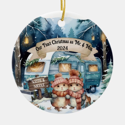 初めてのクリスマスRVカップル新婚オーナメント セラミックオーナメント (正面)
