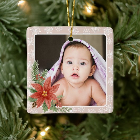 初めてのクリスマスSnowFlakesフローラピンク写真ギフト セラミックオーナメント (ツリー)