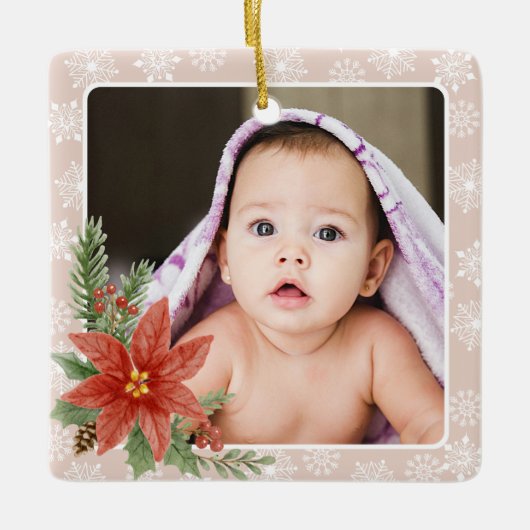 初めてのクリスマスSnowFlakesフローラピンク写真ギフト セラミックオーナメント (正面)