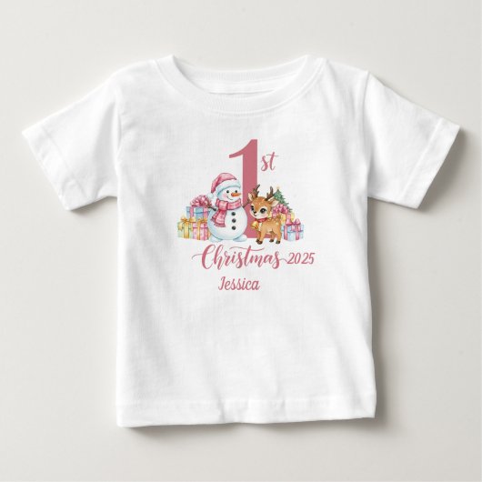 初めてのクリスマスTシャツ ピンク 名前入り ベビーTシャツ (正面)