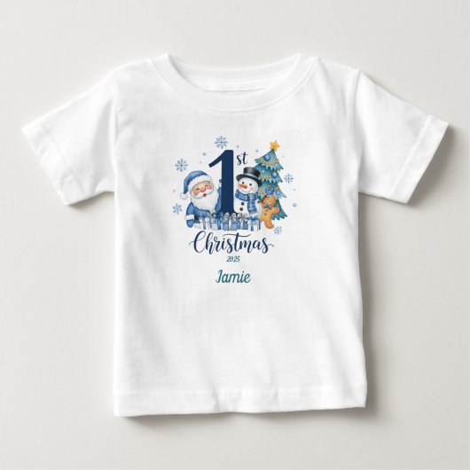 初めてのクリスマスTシャツ 青  名前を入れる ベビーTシャツ (正面)