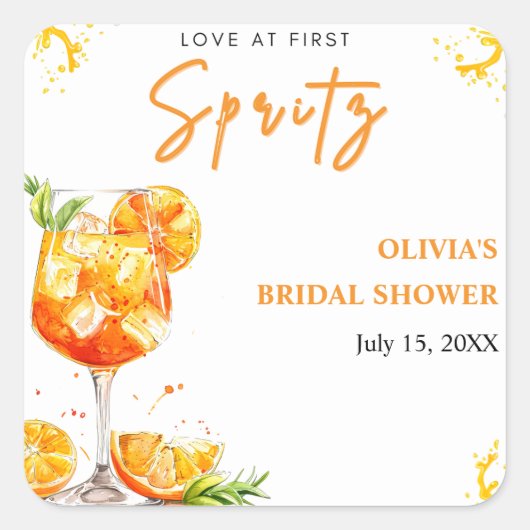 初めてのスプリッツで恋に落ちる オレンジカクテル ブライダルシャワー スクエアシール (正面)