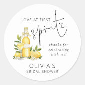 初めてのスプリッツで恋に落ちる ブライダルシャワーのお礼 ラウンドシール (正面)