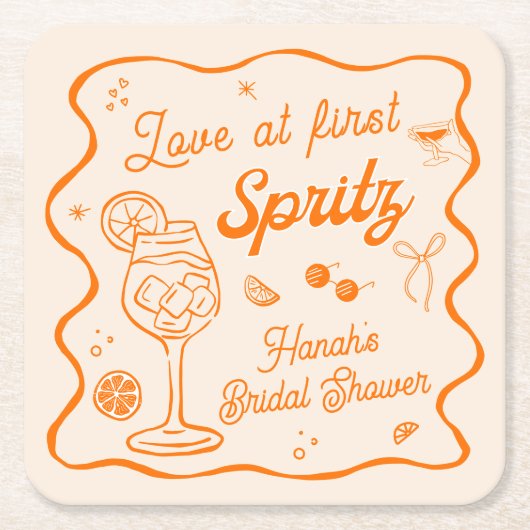 初めてのスプリッツで恋に落ちる ブライダルシャワーパーティー スクエアペーパーコースター (正面)