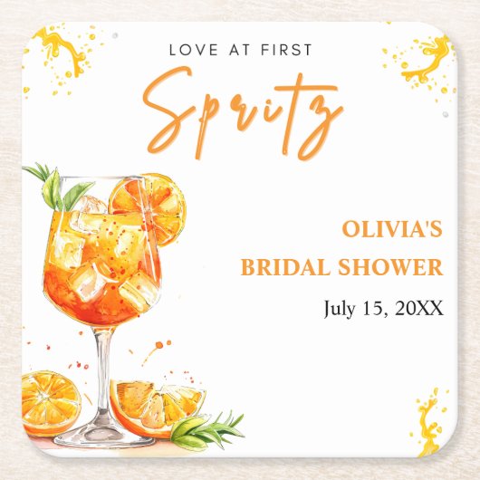 初めてのスプリッツカクテルオレンジ ブライダルシャワー スクエアペーパーコースター (正面)