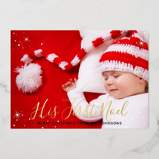 初めてのノエル 赤ちゃんの初めてのクリスマス写真 箔シーズンカード (正面)