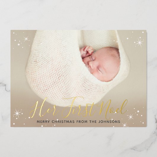 初めてのノエル 赤ちゃんの初めてのクリスマス写真 箔シーズンカード (正面)