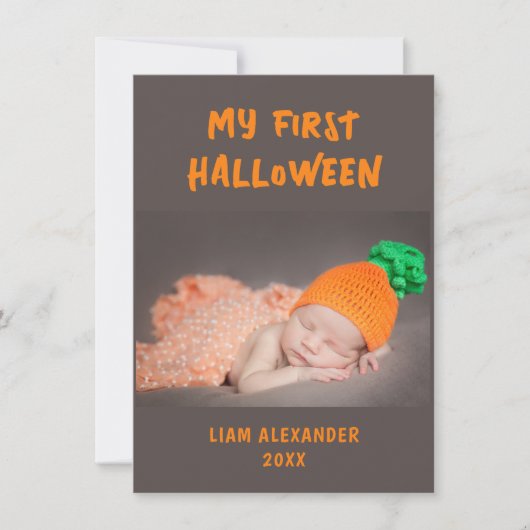 初めてのハロウィンの赤ちゃんの写真 グレー ノートカード (正面)