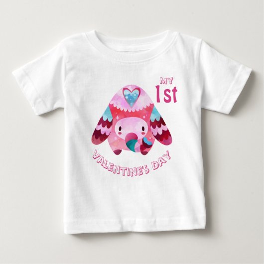 初めてのバレンタインデー ピンクの赤ちゃん象 ベビーTシャツ (正面)