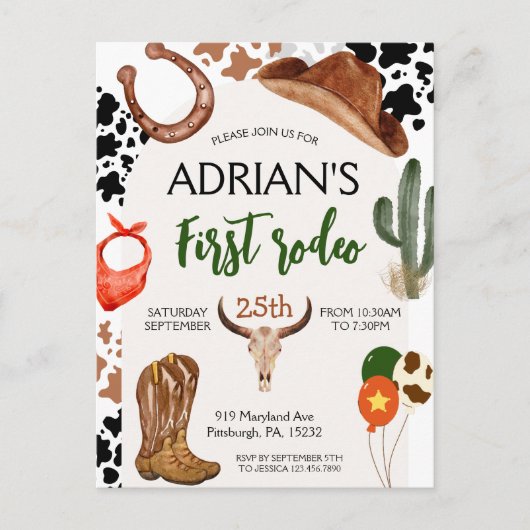 初めてのロデオ ウェスタンカウボーイ ファーストバースデー ポストカード (正面)