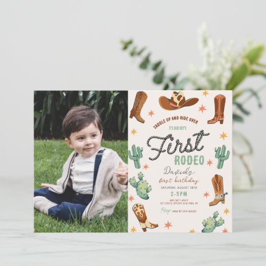 初めてのロデオ ワイルドウェスト ボーイ 1歳の誕生日写真 招待状 (スタンド正面)