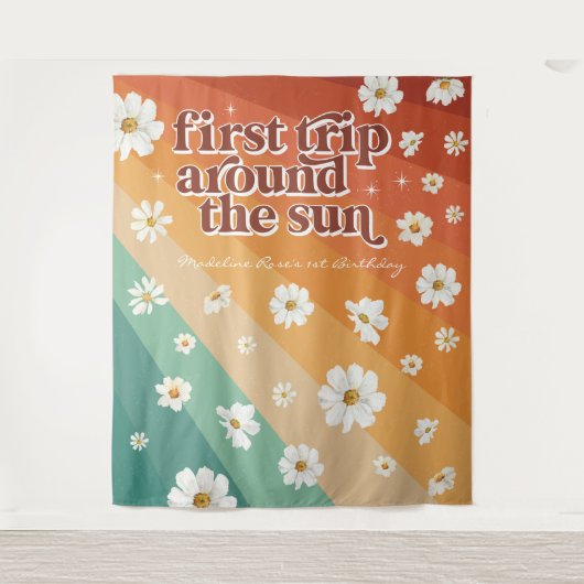 初めての太陽の周りを旅 | レトロダイシーレインボー タペストリー (正面)