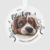 初めての子犬のクリスマスリーフと犬の名前の写真 オーナメント (裏面)