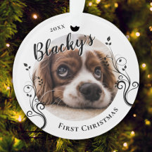 初めての子犬のクリスマスリーフと犬の名前の写真