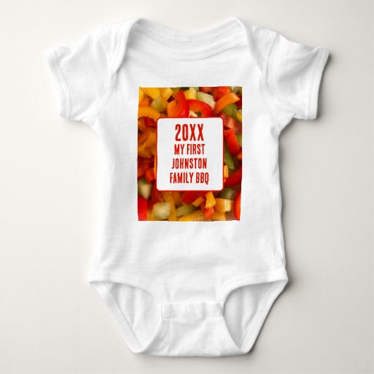 初めての家族懇親会サマーフード写真BBQ ベビーボディスーツ (正面)