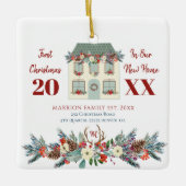 初めての新しい家のクリスマス家族写真 セラミックオーナメント (正面)