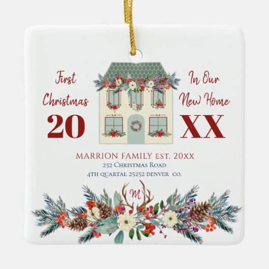 初めての新しい家のクリスマス家族写真 セラミックオーナメント (正面)