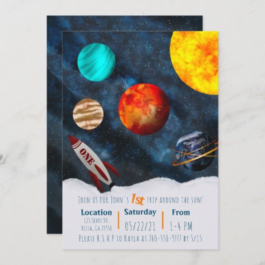 初めての旅のまわりにで太陽宇宙テーマボーイ惑星 招待状 (正面/裏面)